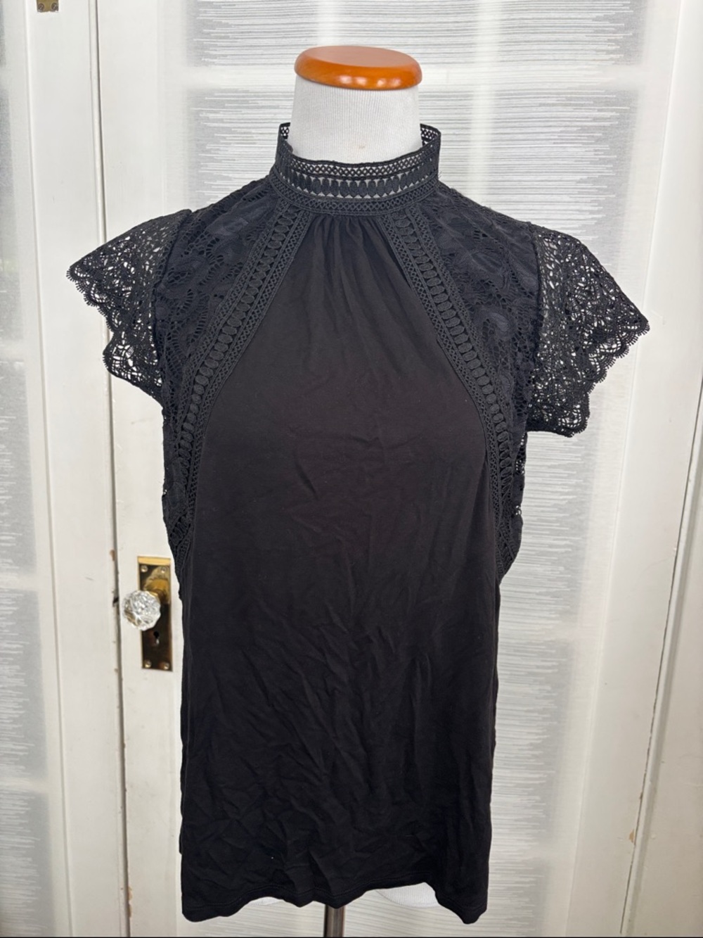 Black Lace Trim High-Neck Women's Blouse